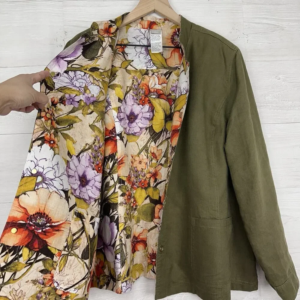 Chico's 100% Linen Jacket Plus Size 20-22‎ Reversible Floral Olive Green Pockets - Picture 6 of 16